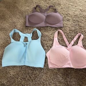 Set if 3 38C large all in motion sports athletic bras pink blue purple zip front
